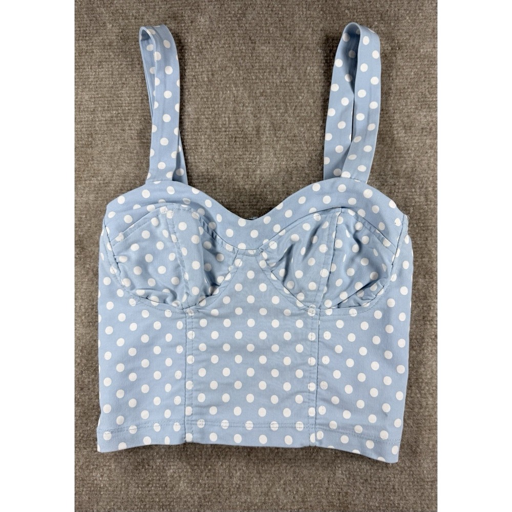 Living Doll Los Angeles‎ XS Blue White Polka Dot Bustier Crop Top Smocked Back